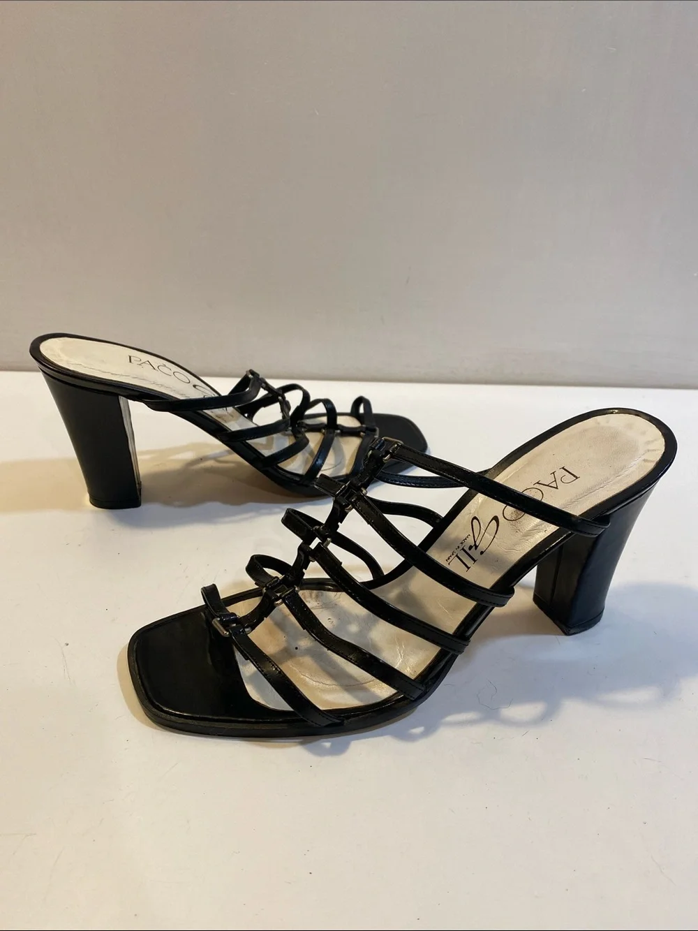 Paco Gil Made In Spain Black Strappy Block Heel Leather  Sandals 7.5 B